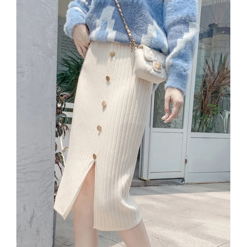 Высокая талия осень зима трикотажные женские юбки Теплая юбка длинные ребристые