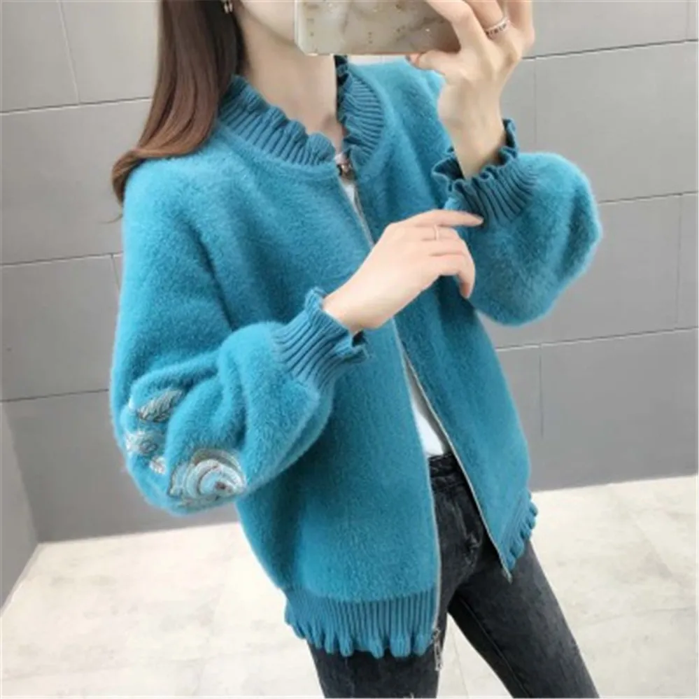 2020 Korean Faux Mink Cashmere Sweater V Neck Embroidery Long Lantern Sleeve Zipper Cardigans Autumn Winter New Fashion Coats |