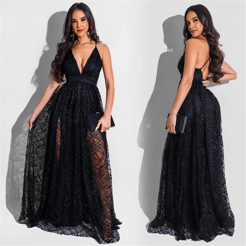 

Women Spaghetti Strap Backless Mesh Patchwork Maxi Dress Elegant Evening Party Long Dress