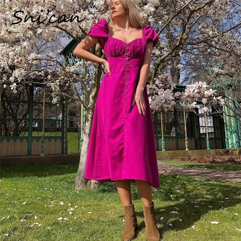 

Платье Snican женское с квадратным вырезом, длинное однотонное Повседневное платье на пуговицах, с разрезом, на весну-лето 2021