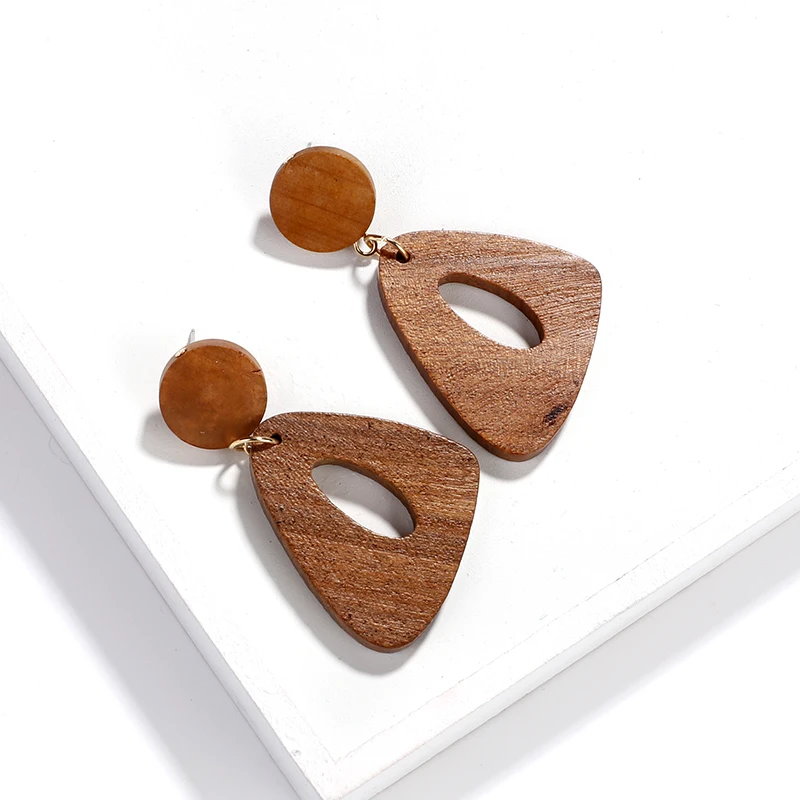 AENSOA Vintage Unique Design Brown Triangle Wooden Earrings Ethnic Irregular Geometric Statement Drop Fashion Jewelry | Украшения и
