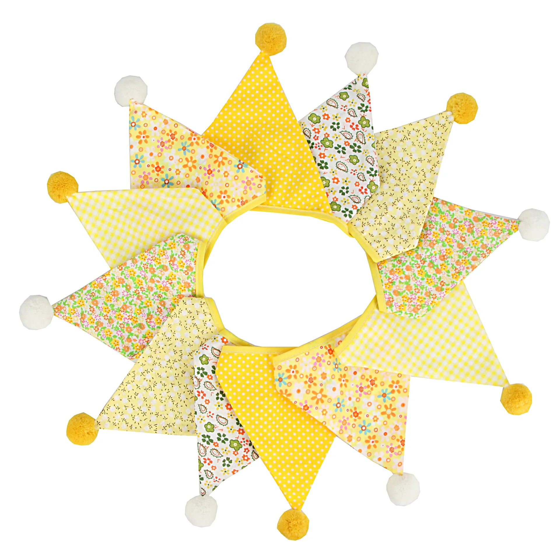 

Yellow Cotton Banner Triangle Bunting Flags With Vintage Floral Pom Pom Hanging for Home Birthday Party Baby Shower Decorations