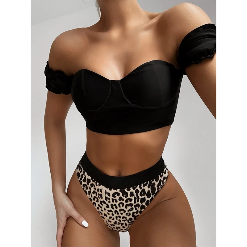 

Women Bikini Short Sleeve Tube Top Bikini New Ladies Split Swimsuit Black