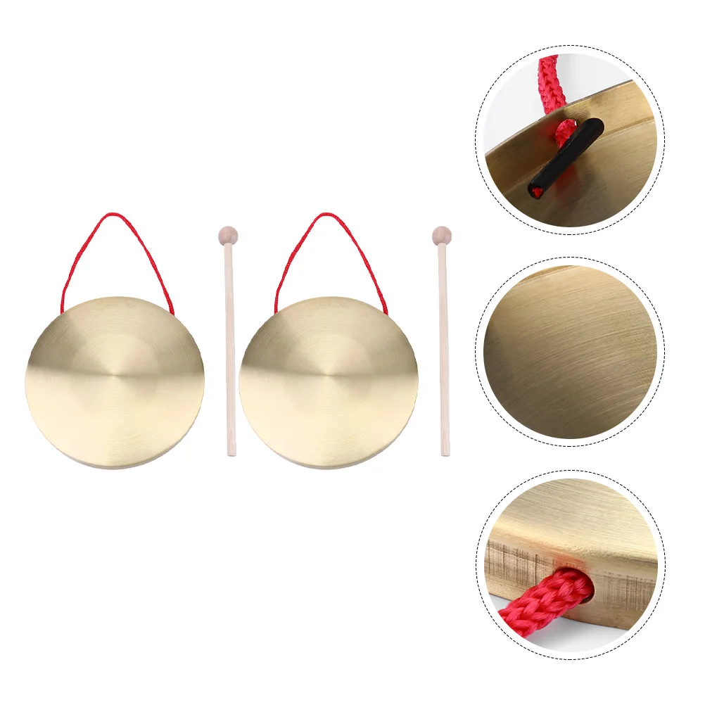 

2 Sets Hand Gong Opera Percussion Instruments Copper Gong with Round Play Hammer