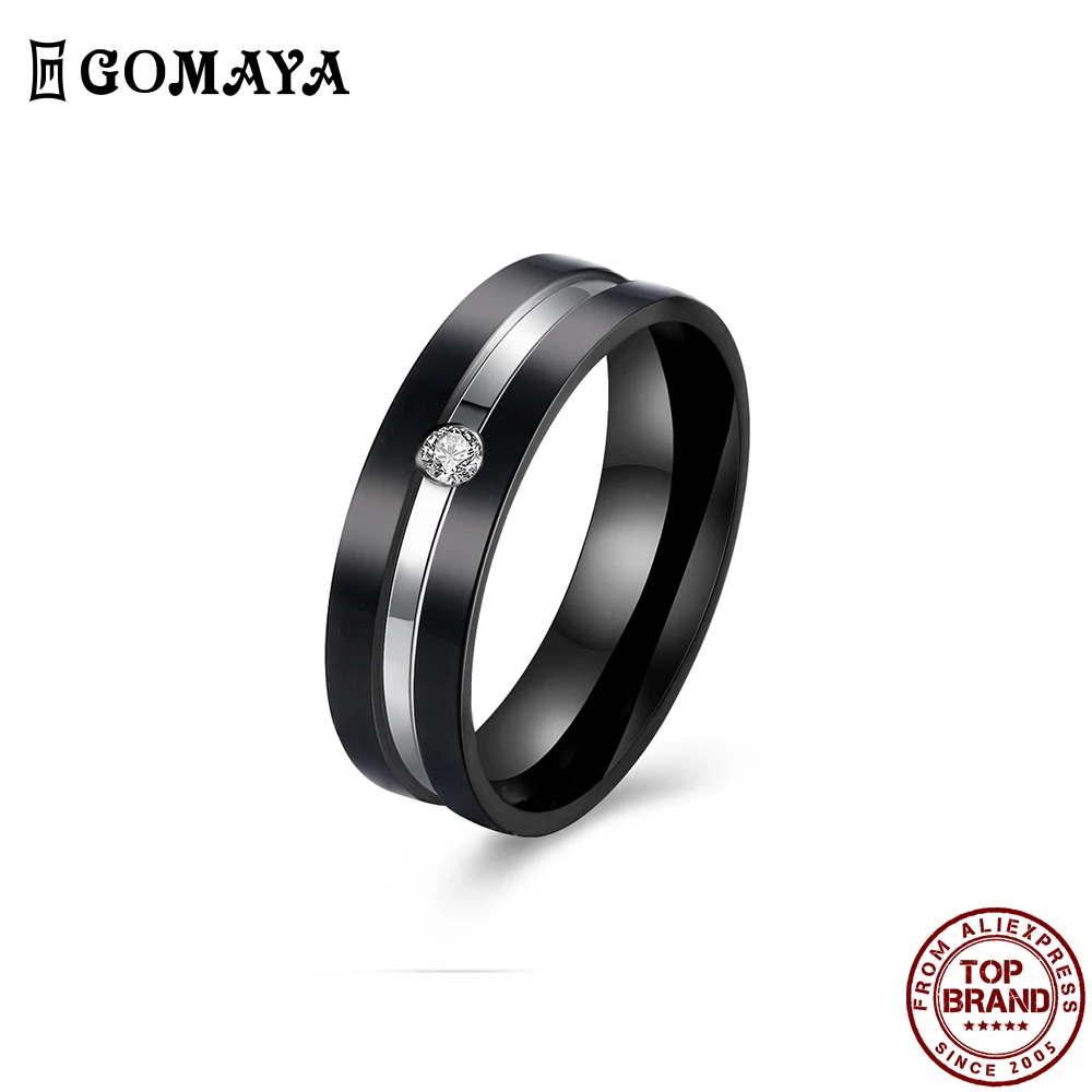 

GOMAYA 316L Stainless Steel Black Punk Style Men Rings Simple Design Inlaid Cubic Zirconia Unisex Ring Party Fashion Jewelry