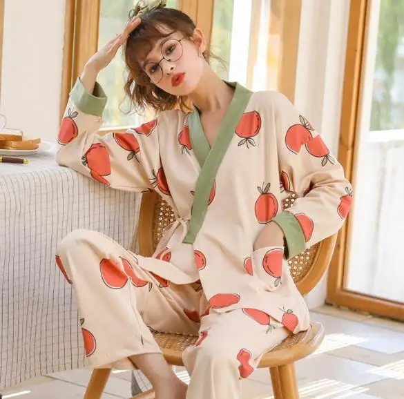 

Ladies cotton pajamas set spring summer autumn double layer cotton gauze middle-sleeved trousers kimono home service suit thin
