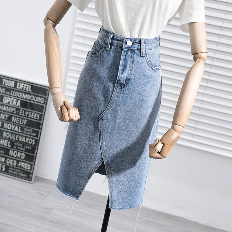 

irregular denim women skirts 2020 summer new high waist pocket straight knee-length office lady elegant skirts