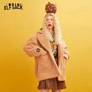 Женское шерстяное пальто ELFSACK, розовое однотонное теплое пальто цвета хаки с длинными рукавами и аппликацией в виде лисы, в Корейском стиле, зима 2019