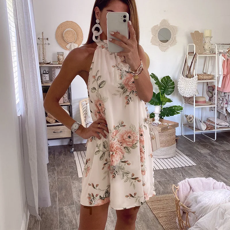 

Summer Sweet Dress Vestidos Women Casual Halter Sleeveless Floral Printed Short Mini Dress 2021 Summer Loose Beach Dress