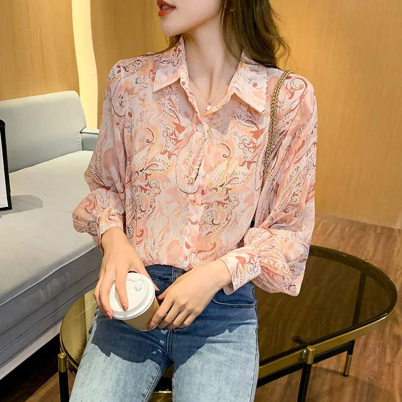 

Print Chiffon Women's Blouse Polo Shirt. Spring Autumn Fashion Clothing Casual Long Sleeve Top Houthion