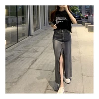 wkfyy women high street casual gray denim split distressed washed zipper mid calf length skirt s4002