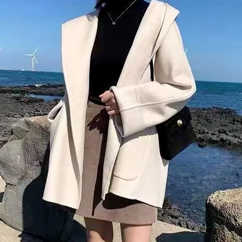 

Blends Women Outwear Hooded Preppy Cloak Casual All-match Warm Soft Classy French Style Stylish Solid Winter Streetwear New Ins