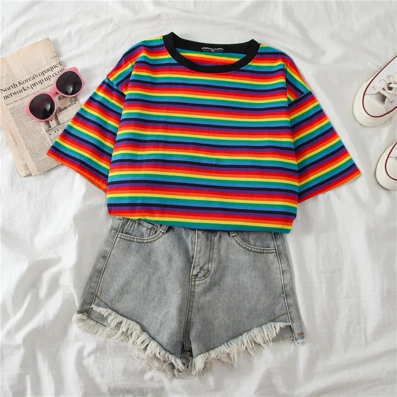 Sweet Rainbow Stripe Women Summer T-Shirt Minimalist Short Sleeve clothes Vogue Tops tee shirt couple tshirt top | Женская одежда