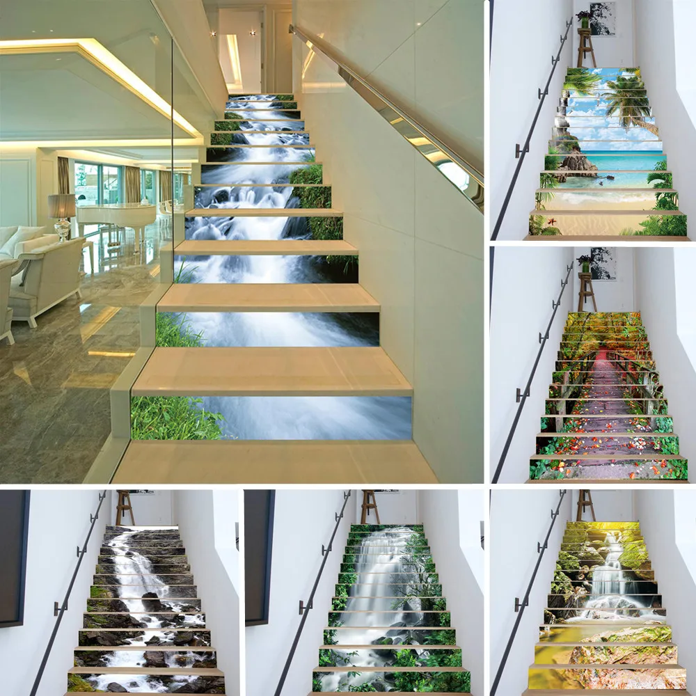

13pcs Self-adhesive Stairway Decal Stickers PVC Landscape Stair Wallpaper Waterproof Removable Staircase Mural Living Room Decor