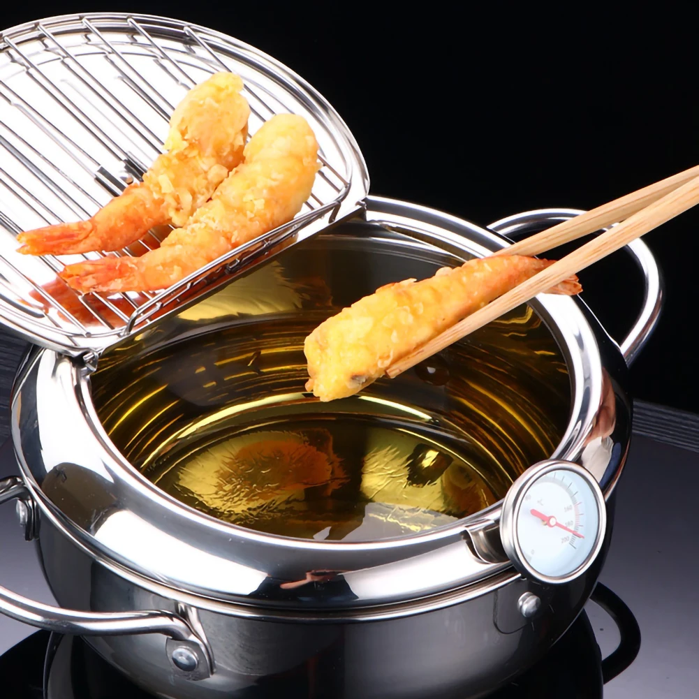 

Stainless Steel Fryer 20cm Japanese Deep Frying Pot With A Thermometer Control Fried Chicken Pot Cooking Kitchen Cookware