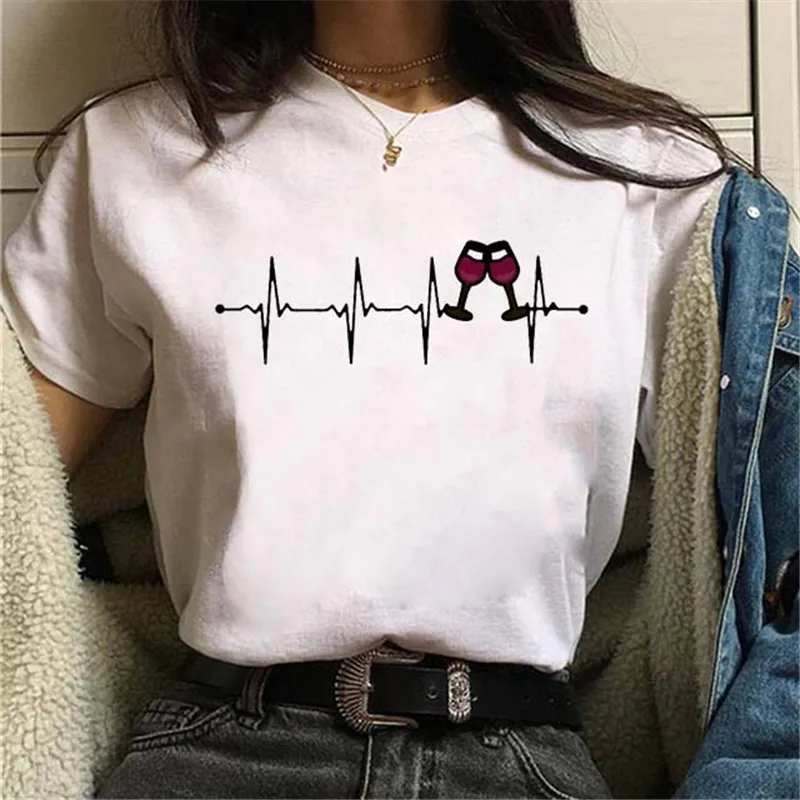 

New Funny Women Wine Heartbeat Print Tops Short Sleeve Clothes Harajuku Kawaii O-Neck Streetwear Summer Female Girls T-shirts