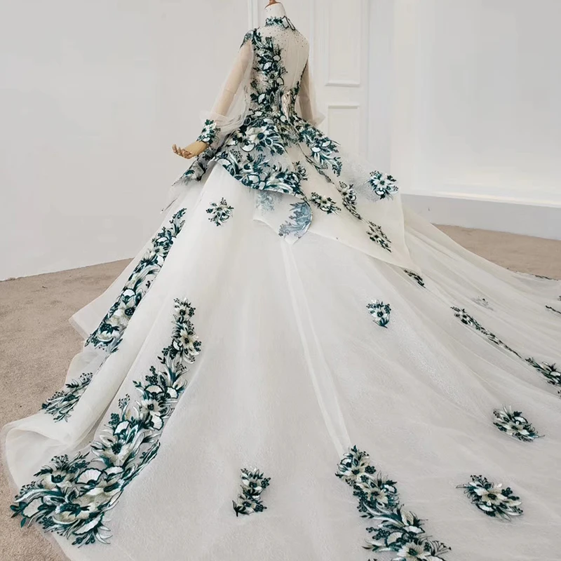 HTL1129 green flowers evening dress long sleeve high neck ball gown elegant formal dress evening gown luxury sukienki wieczorowe