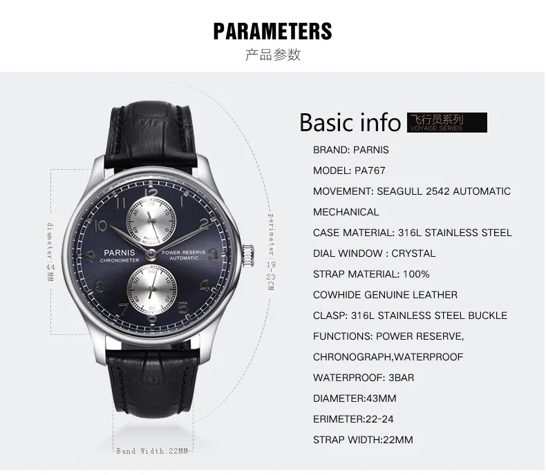 Parnis 43mm Silver Case Automatic Mechanical Men's Watch Power Reserve Black Leather Strap Men Watches heren horloge Luxury