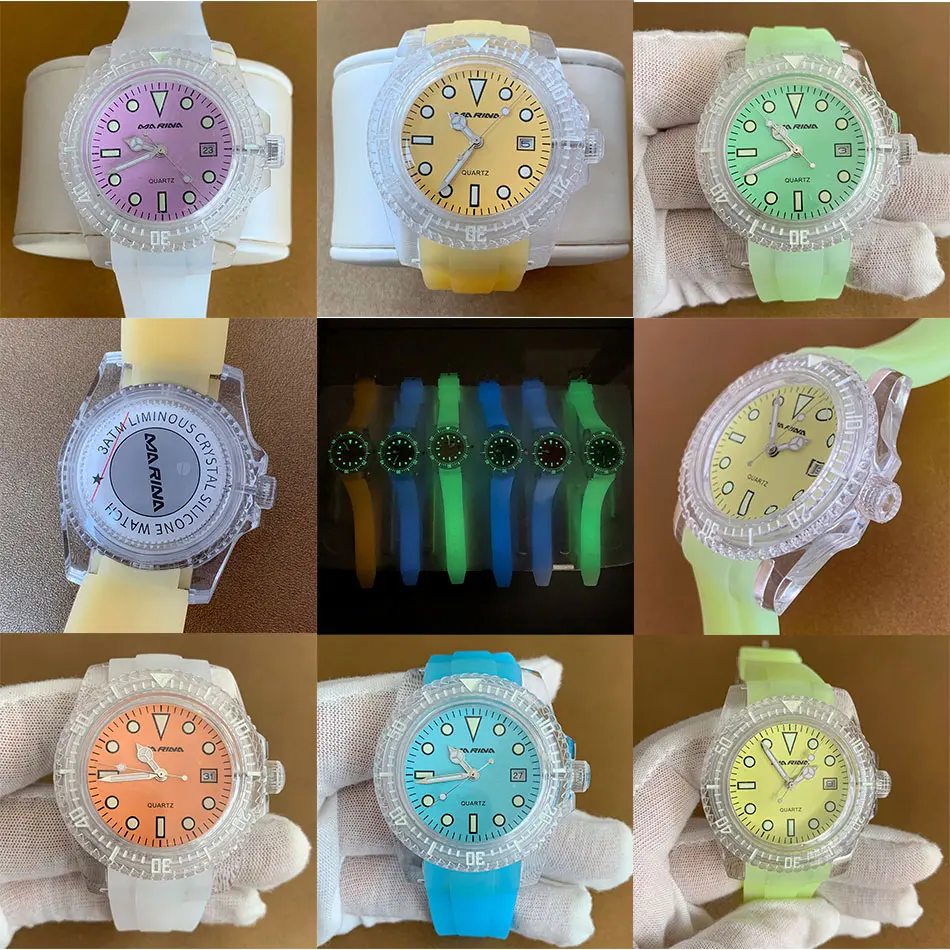 40mm Watch Quartz Movement Acrylic Case Japanese Silicone Strap 2115 Green Luminous Dial Multiple Color Options | Наручные часы