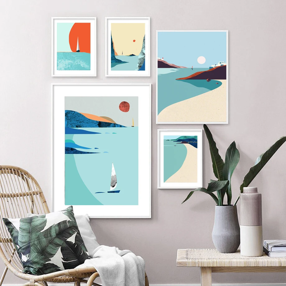 

Abstract Sea Beach Sailboat Sun Mountain Wall Art Canvas Painting Nordic Posters And Prints Wall Pictures For Living Room Decor
