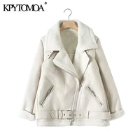 kpytomoa women fashion thick warm winter fur faux leather oversized jacket coat vintage long sleeve female outerwear chic tops