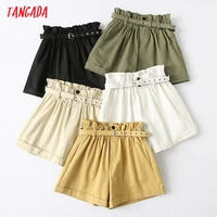 tangada women elegant solid high waist shorts with belt pockets female retro basic casual shorts pantalones yu24