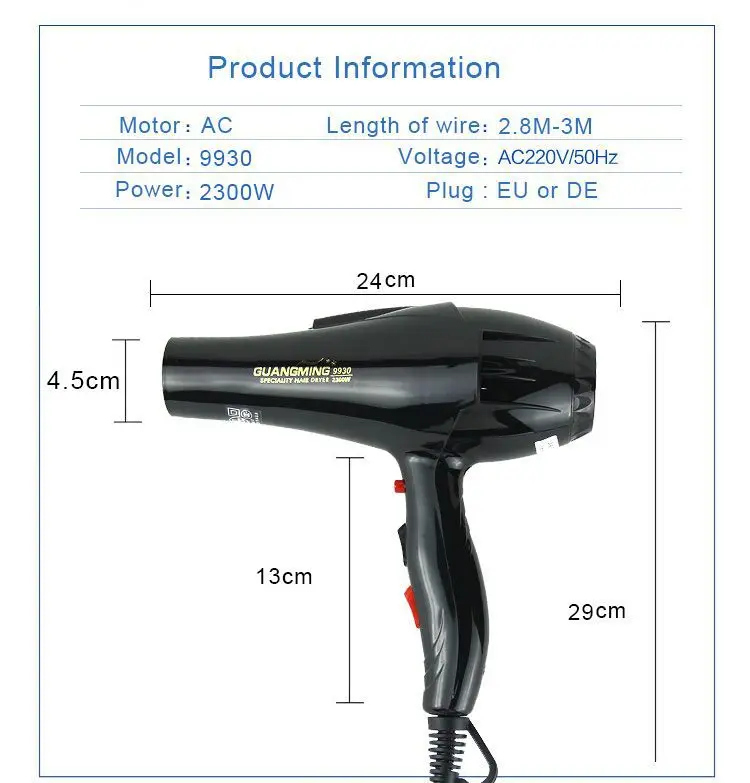 

For hairdresser and hair salon long wire EU Plug Real power professional blower dryer salon Hair Dryer hairdryer 2300w 220V
