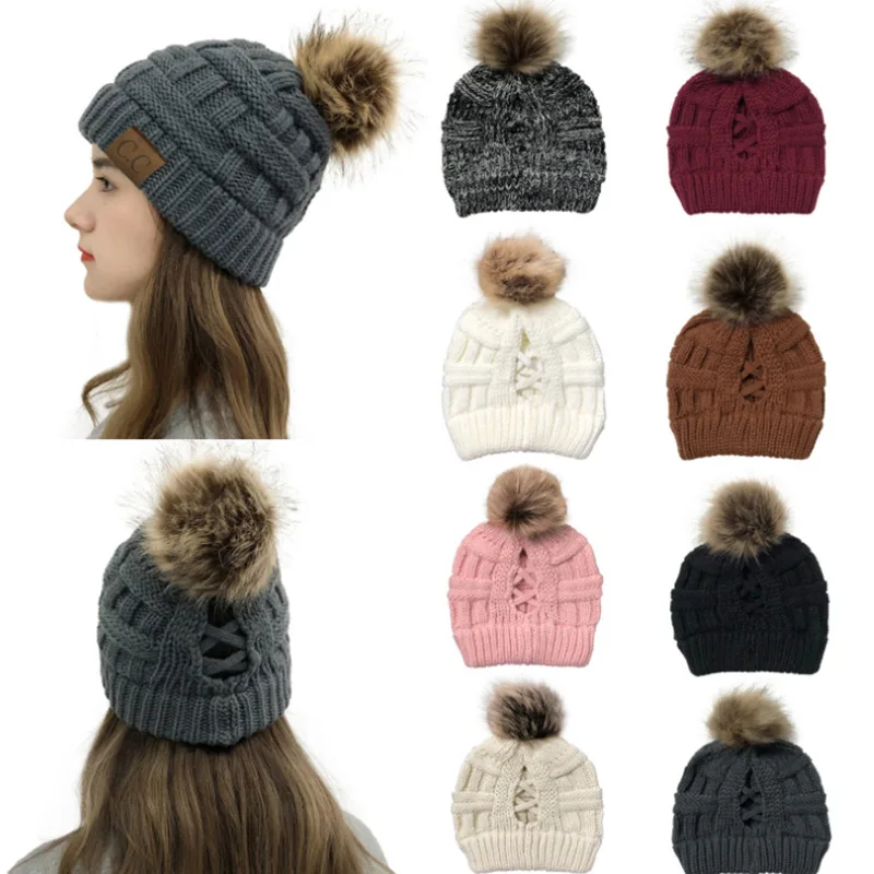 

Winter Hats For Women Pompom Beanie Horsetail Caps Cross Criss Ponytail Hat Girls Warm Knitted Thick Outdoor Ski Cap2020 New