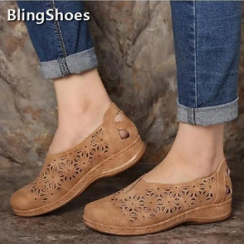 Новые женские кожаные туфли старинные сандалии полые ретро мокасины женская