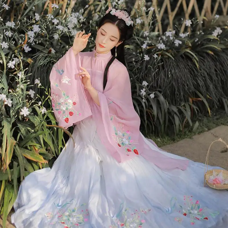 

Novelty Hanfu Dressing Summer New Fairy Women Vintage Mandarin Collar Cosplay Costumes Blue Flower Stage Performance Clothing