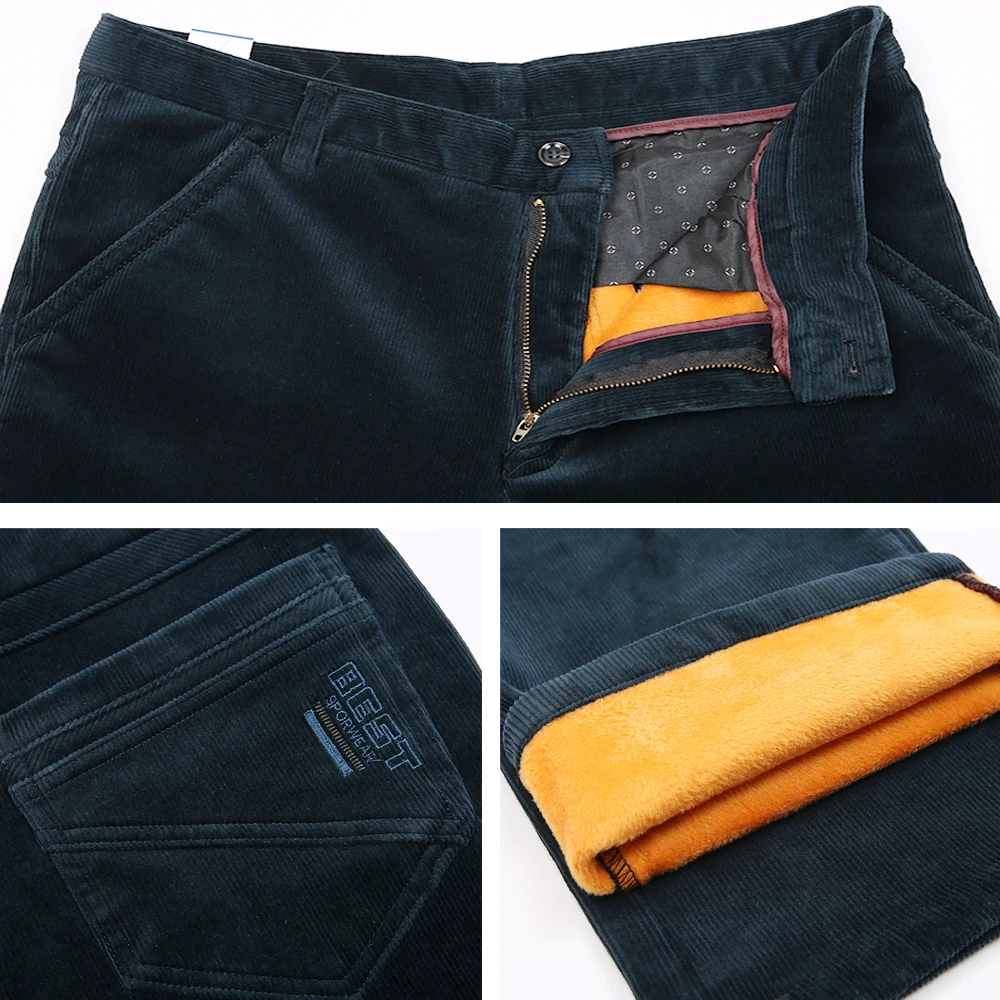 Mu Yuan Yang Winter New Men Casual Sweat Pants Velvet Thicken Corduroy Fleece Stretch Slacks Loose Warm Men's Trousers | Мужская