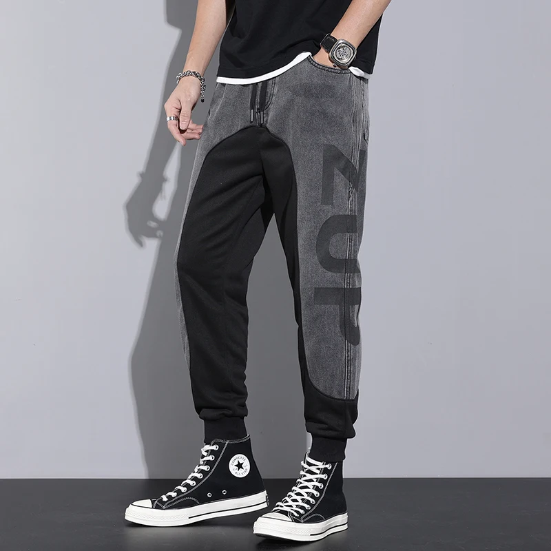 

2021 New Chic Casual Drawstring Contrast Color Jeans Long Denim Pants With Letter Printing for Men