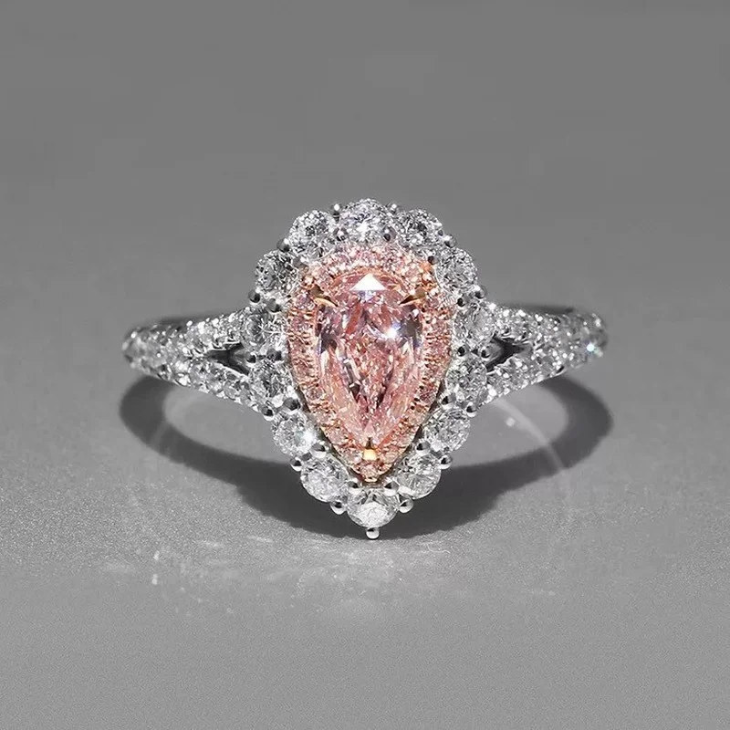 

Trendy Pink Water Drop Geometric Crystal Copper Ring Inlaid Rhinestone Zircon Women's Wedding Engagement Jewelry