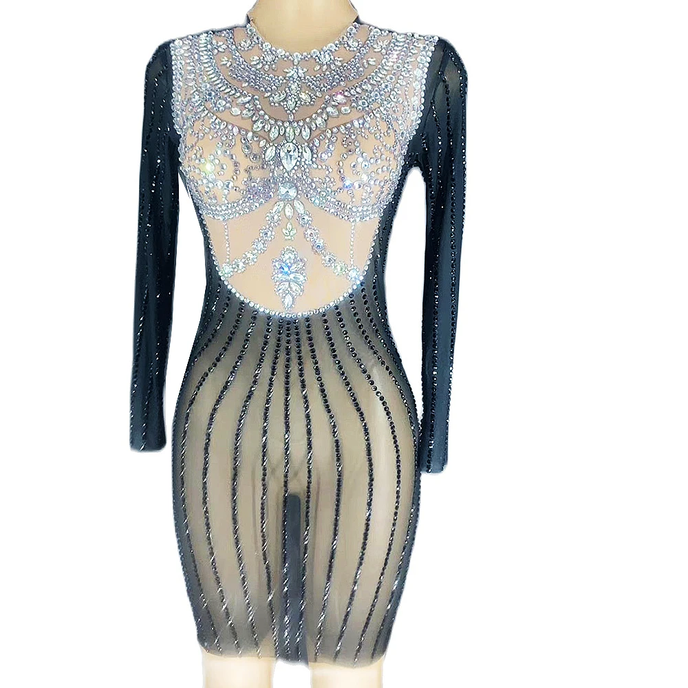 

Shining Inlaid Diamonds Mesh Perspective Women Dresses Tight Stretch Shorrt Dresses Nightclub Singer Dancer Stage Show Outfit