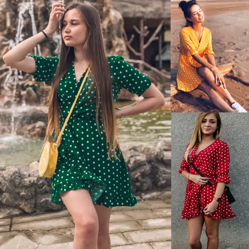 

2021 Summer New Style Style Women's Clothing Dress Sexy V-neck Ruffled Women's Clothing Polka-dot Fashion Skirt WE20