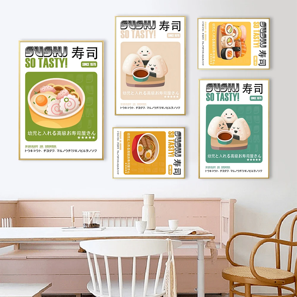 

Sushi Poster Japanese Foods Cartoon Print Modern Kitchen Home Decor Ramen Dumplings Kimchi Exhibition Wall Art Canvas Paintings