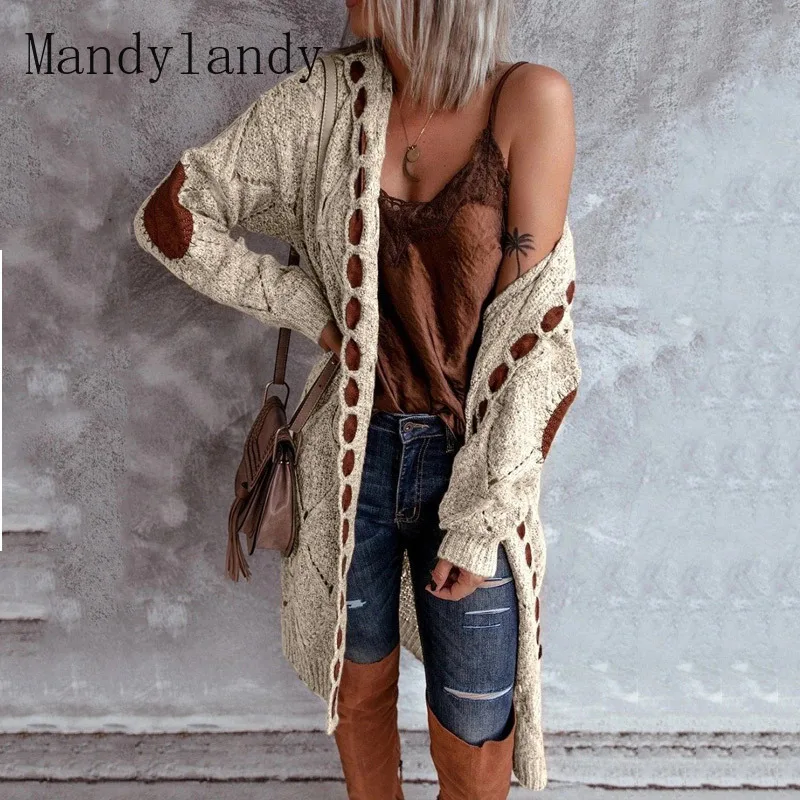 

Mandylandy Coat Sweater Autumn Long Sleeve Cardigan Hooded Knitted Coat Women's Casual Solid Color Stitching Loose Sweater