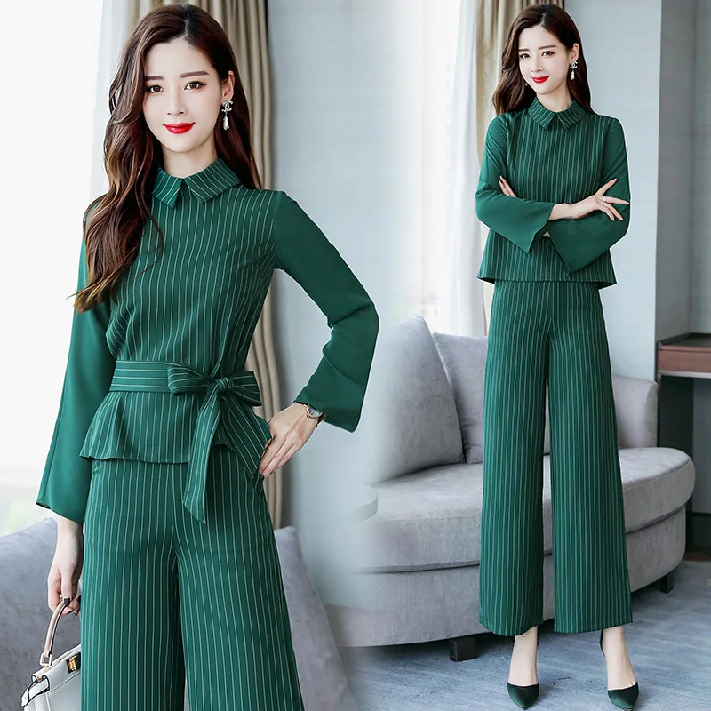 Женский комплект из двух предметов Офисная рубашка в полоску блузка и длинные