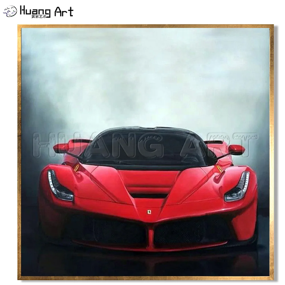 

China Master Artist Hand-Painted Realist Super Ferrari Sports Car Oil Painting on Canvas for Decor Red Cool Car Wall Painting