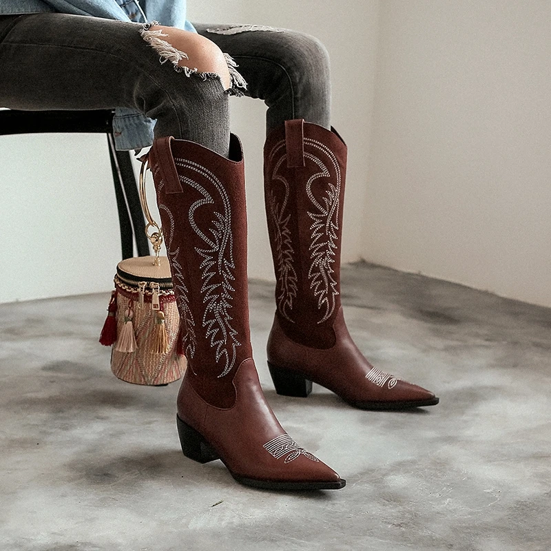 Ковбойские сапоги в западном стиле для женщин женские до колена с острым носком