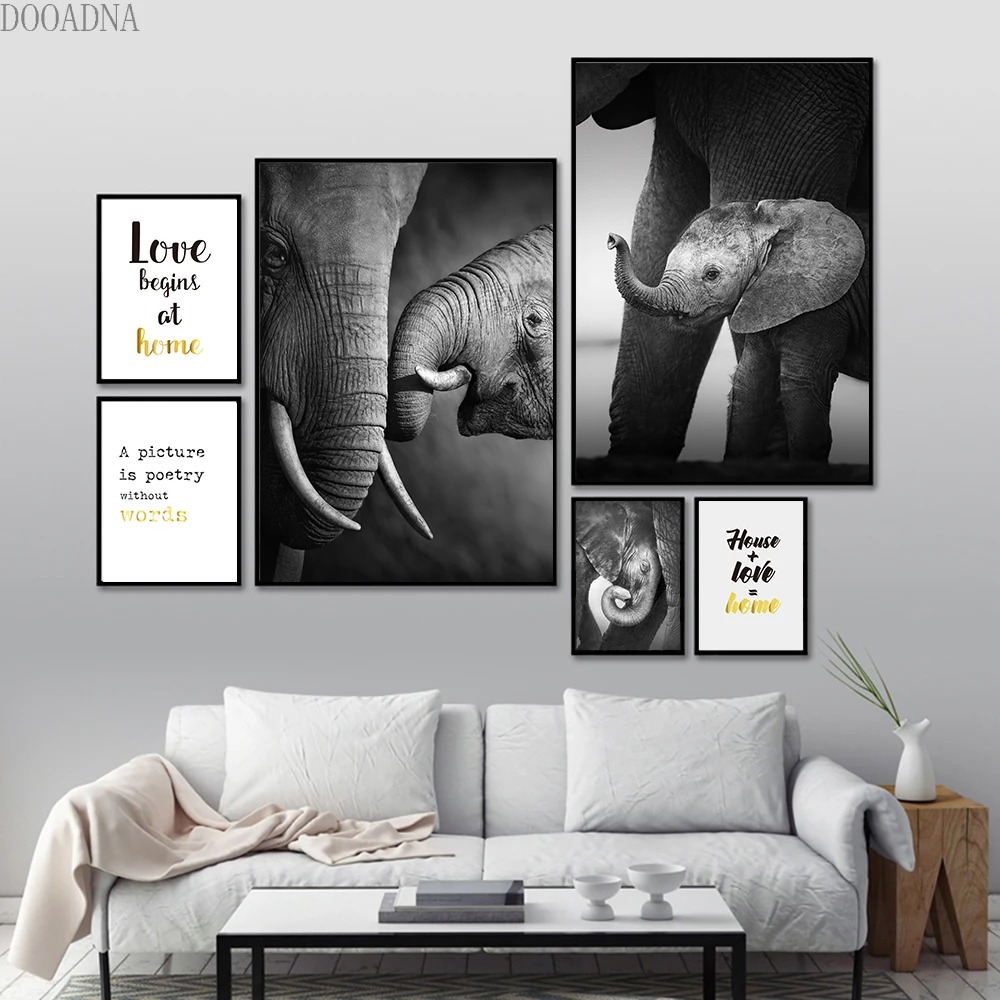 

Animal wall art paintings, warm images of wild elephants, posters and prints, black and white, Nordic style, home decoration