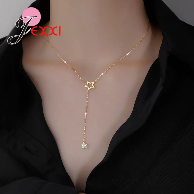 

Fast Shipping 925 Sterling Silver Shiny Crystal Paved Necklaces For Women Girls Long Pendant Star Necklaces Wholesale