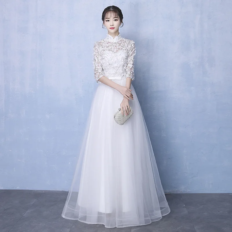 Винтажное Белое Женское платье Ципао длинное вечернее с воротником стойкой