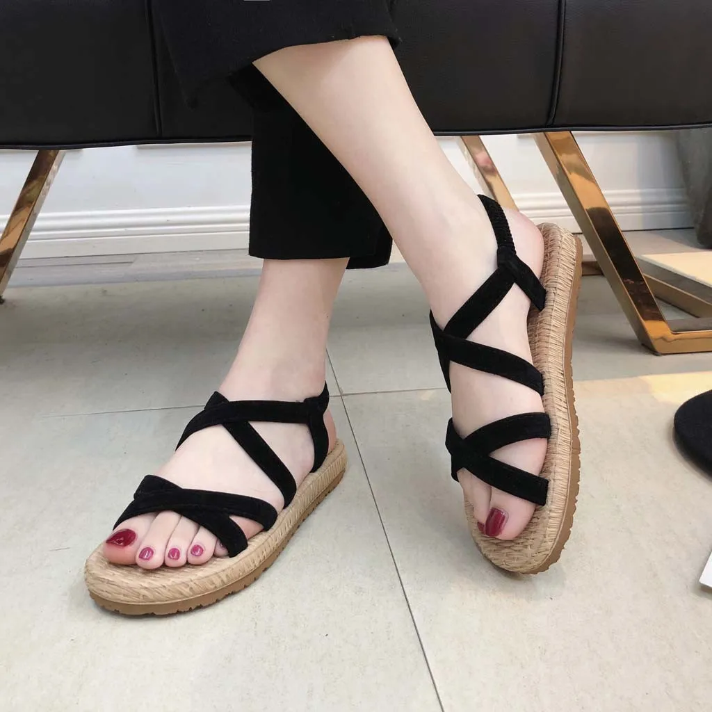 

Women's Flat With Cross Straps Open Toe Sandals 2019 Hollow Elastic Slippers Ladies Shoes Sexy High Quality Summer Shoes
