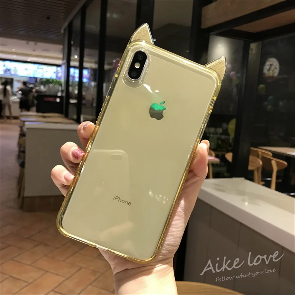 N1986N Телефон чехол для iPhone 6 6s 7 8 Plus X XR XS Max роскошный сверкающий чехол с кристаллами милые кошачьи уши прозрачный мягкий TPU для iPhone X чехол для телефона