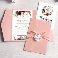 100pc wedding invitation pink burgundy navy blue greeting card with envelope party with ribbon and tag