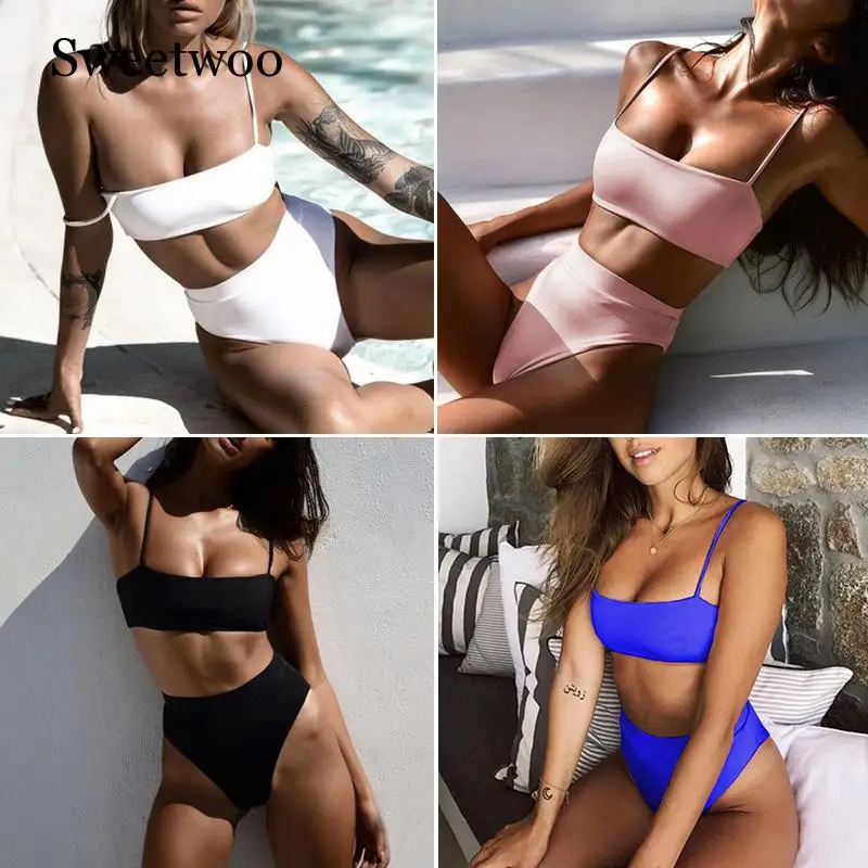 Соблазнительное бикини с высокой талией комплект пуш-ап черного синего розового