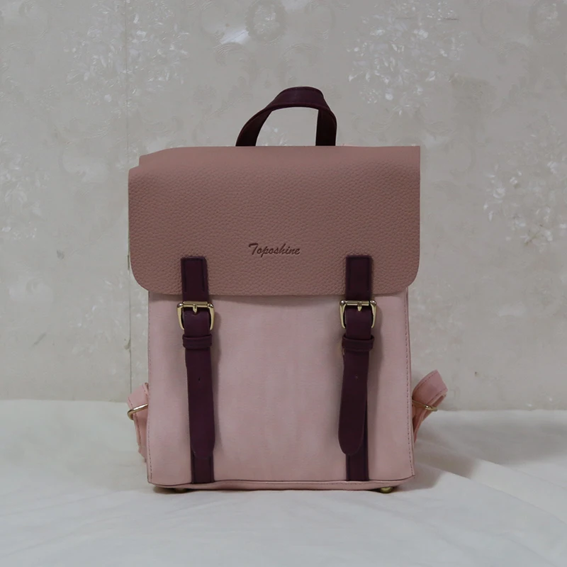 

Toposhine Litchi Panelled Soft Leather Flap Girl Backpack Bag Double Belt Magnetic Buttons Backpack Fashion Square Lady Backpack