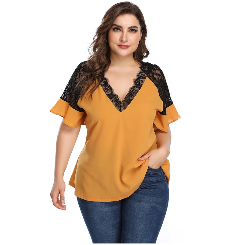 Женская кружевная рубашка в стиле пэчворк летний топ желтого розового красного