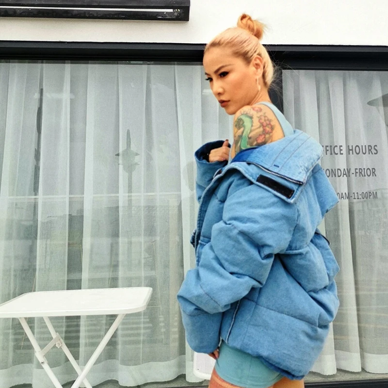 TWOTWINSTYLE повседневное синее открытое хлопковое пальто для женщин воротник с лацканами длинный рукав теплые толстые осенние парки Женская мода